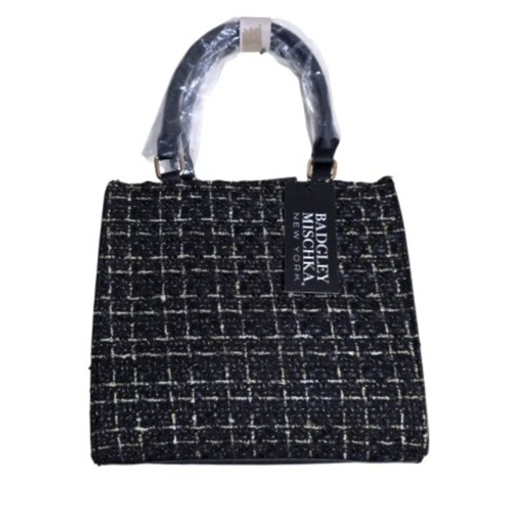 NWT Badgley Mischka New York The Tara Tweed Satchel Women Black Gold Handbag - Picture 9 of 9